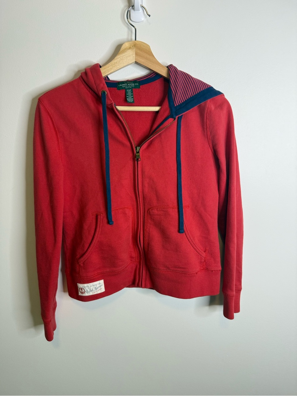 Polo by Ralph Lauren Red Zip Hoodie with Navy Trim petite small zip up sweater